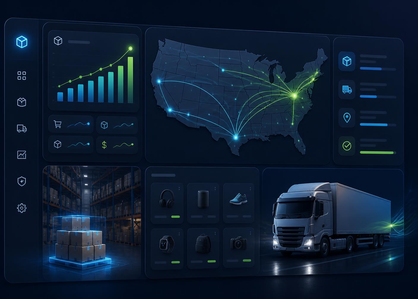 DrarenSupply Pvt Ltd warehouse dashboard showing US shipping routes, live order analytics, and same-day fulfillment